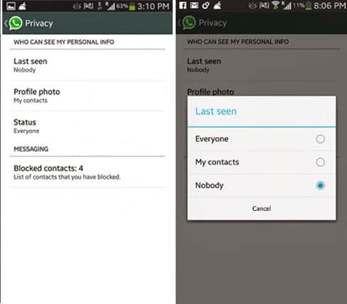 WhatsApp privacy options