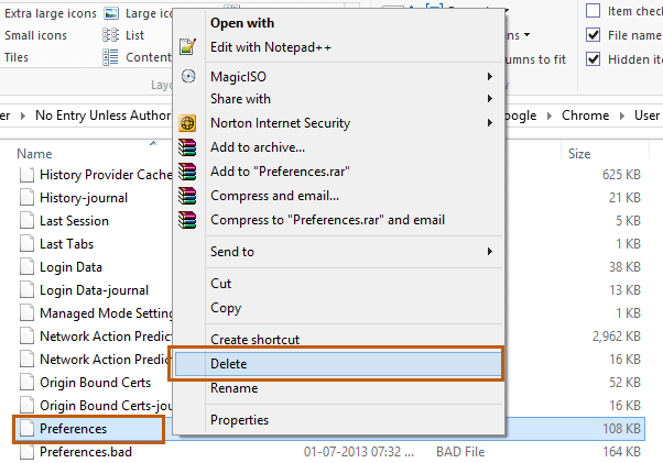 Delete Preferences in Chrome
