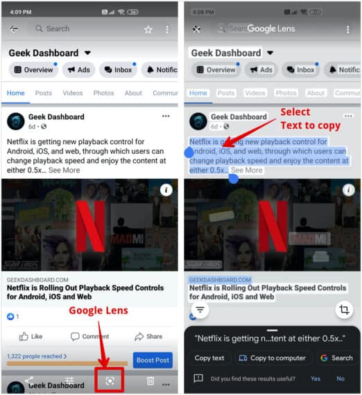 Copy text from Facebook with Google Photos