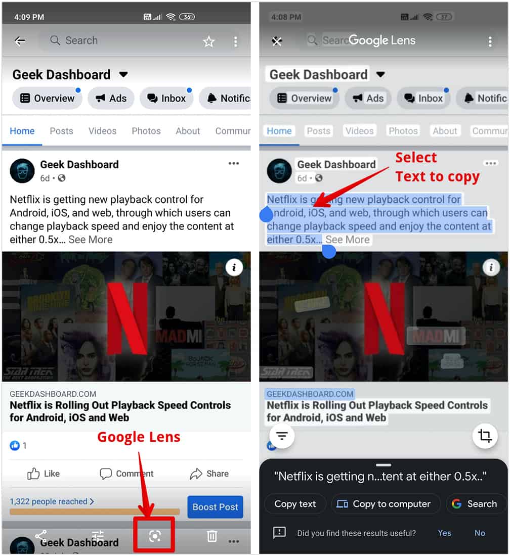 how to copy text from facebook mobile android