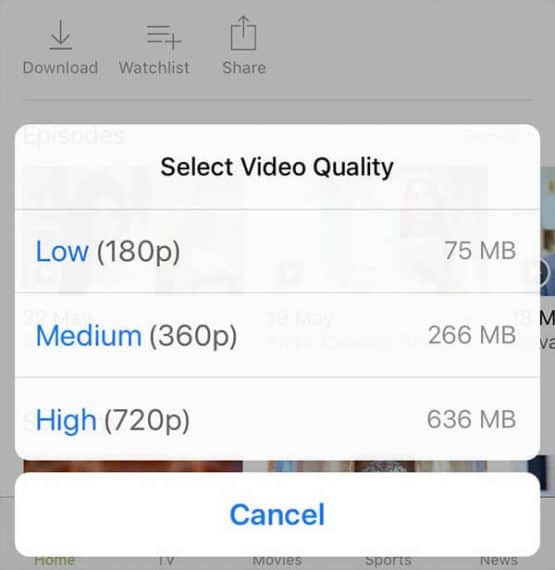 Different resolutions available to download Hotstar videos