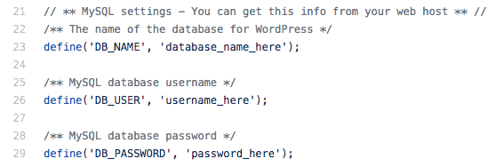 Get MySQL username, password and database name from wp-config.php file