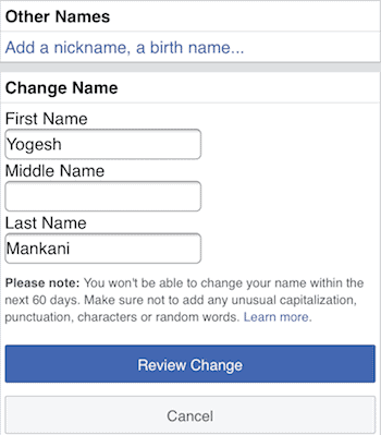make single name account on facebook
