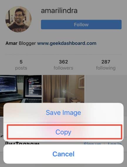 Long press or 3D touch the Instagram profile image in Safari and tap on Copy