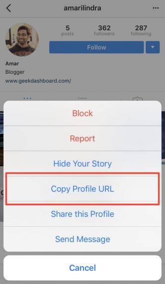 Copy profile URL of Instagram account 