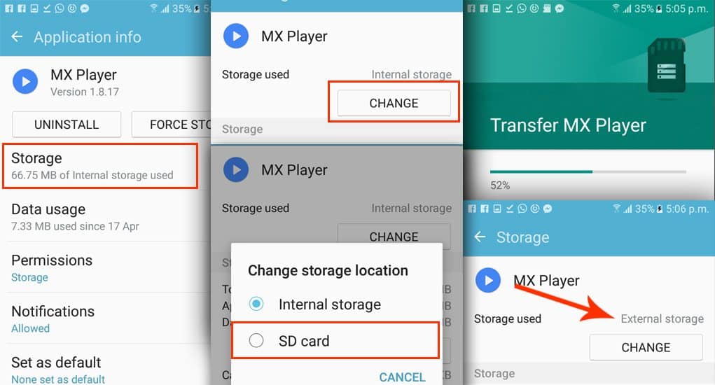 Select Storage > Change > SD Card > Move