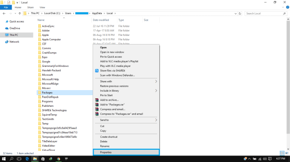 properties of packages folder above windows 8