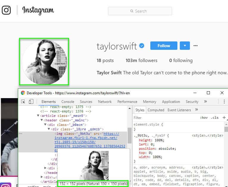 Instagram profile picture size on desktop with profile page