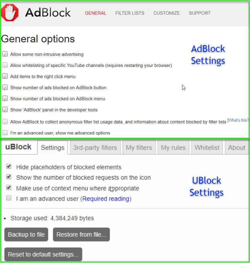 UBlock vs Adblock - Settings