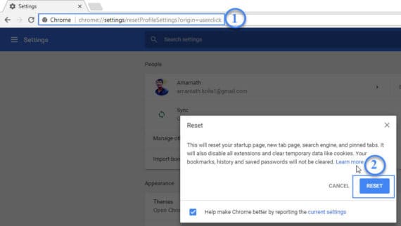 Google Chrome Reset Settings