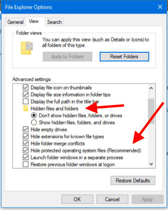 tick hidden files and folders checkbox