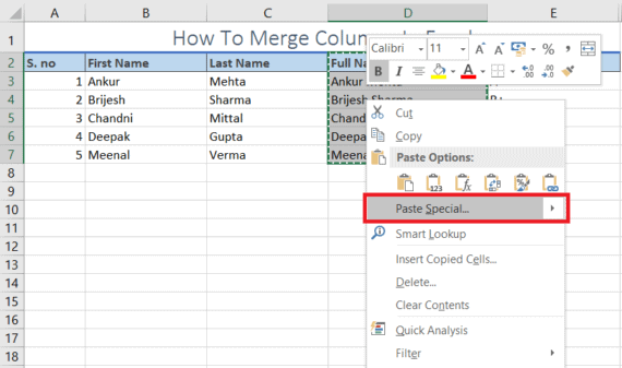 merge columns in excel