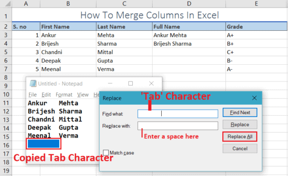 merge columns in excel using notepad