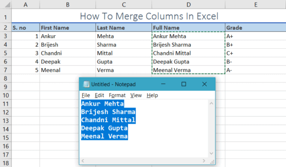 merge columns in excel with notepad