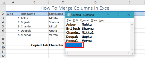 merge data in excel using notepad