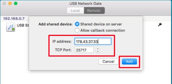 add single USB device with remote IP and port number