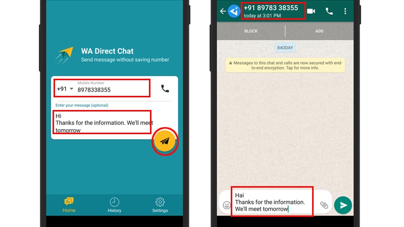 send WhatsApp message without saving number