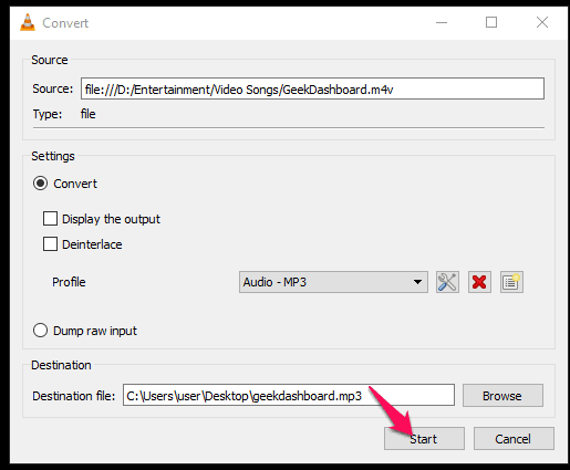 Click Start to convert VLC files to MP3 format