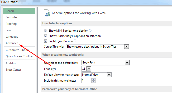 Open MS Excel Options and Select Advanced