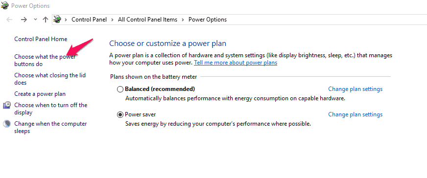 Click "Choose what the power buttons do" option