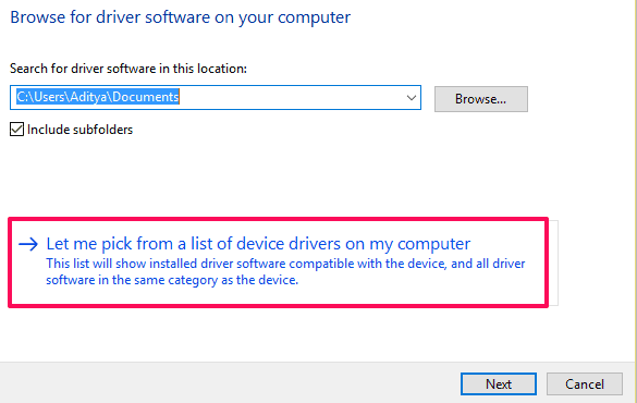 Select "Let me pick from a list of device drivers" and click Next