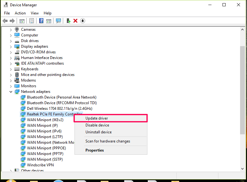 Select the affected adapter and click Update driver
