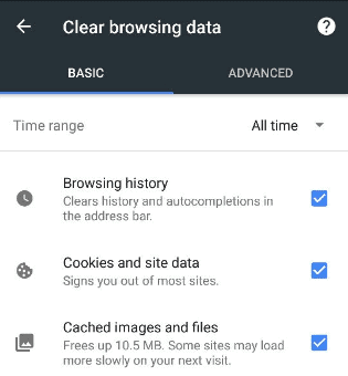 Clear Browsing Data Android to Fix this site can't be reached error