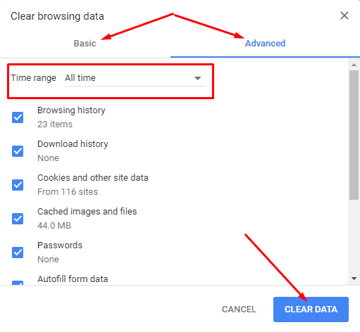 Select all checkboxes to clear entire browsing data in Chrome