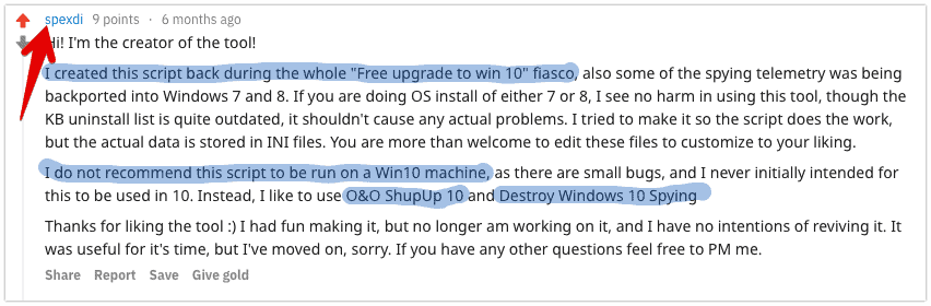 words from Microsoft Telemetry Removal Tool creator