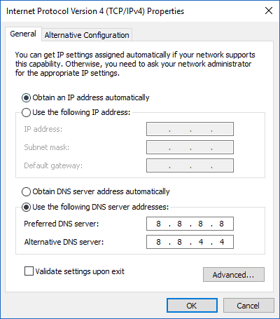 Select "Use the following DNS server addresses" to set custom DNS