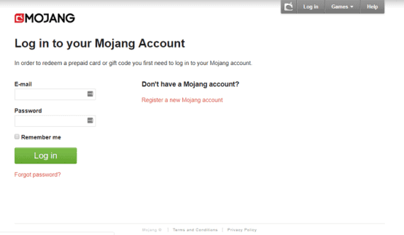 Mojang login page to enter e-mail and password