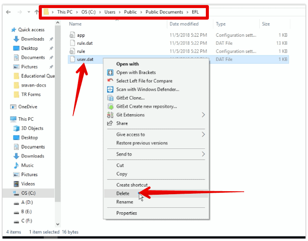 Delete user.dat file from EFL folder