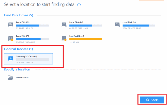 Select drive and scan SD card