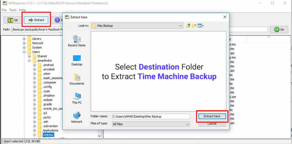 Choose location to extract time machine backup