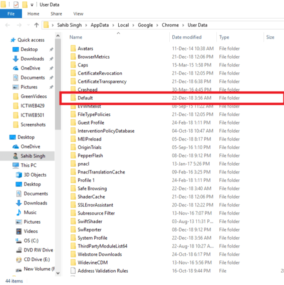Default folder found under the User Data folder