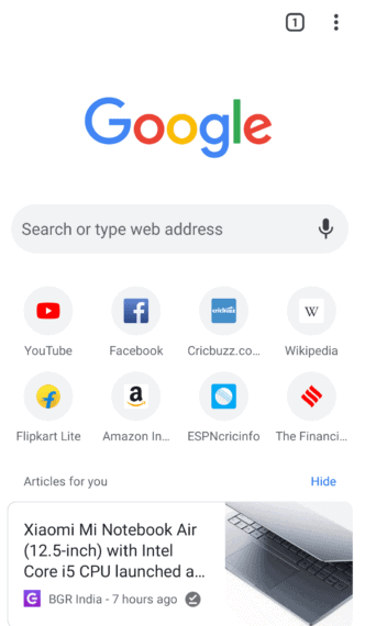 Home Screen of Google Chrome for Android showing recently visited pages