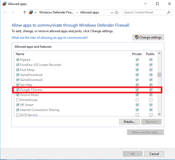 Tick Private and Public boxes to allow Google Chrome through firewall