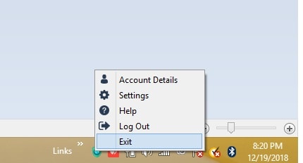 Windows taskbar with VeePN icon to Log Out or Exit