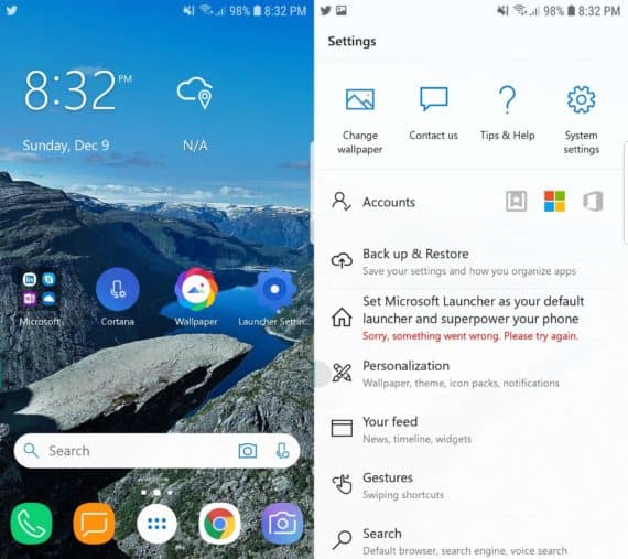Microsoft Launcher Home Screen on the left and Microsoft Launcher Settings on the right