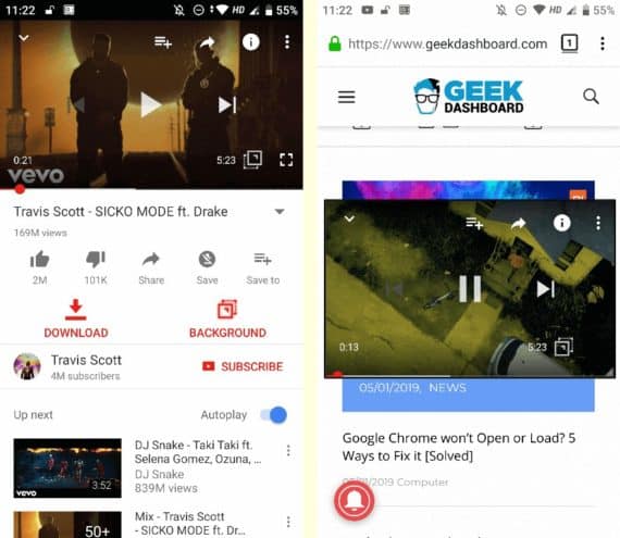 OG YouTube PIP mode for playing YouTube Videos in Background over other applications
