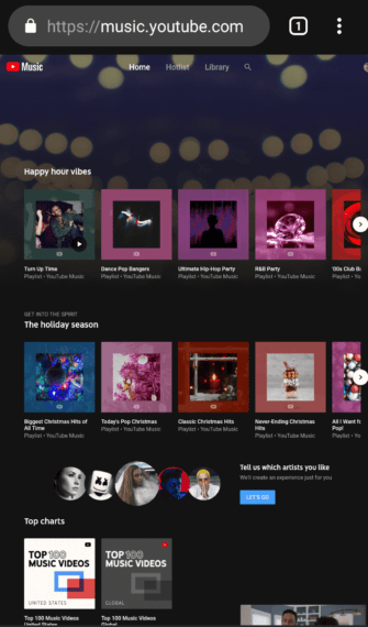 YouTube Music Homepage in Desktop View