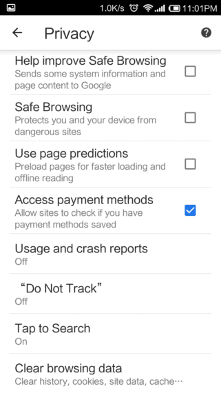 Google Chrome Privacy Settings in Android