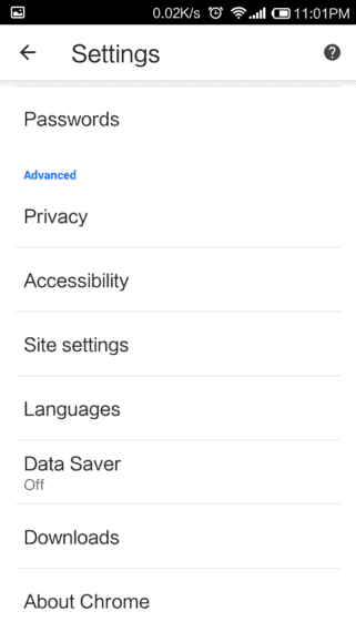 Google Chrome Settings Options in Android