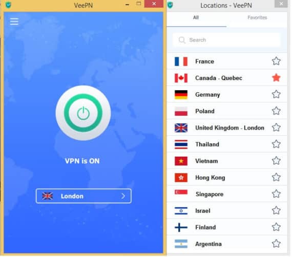 VeePN software showing different Locations and Servers