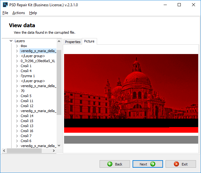 view layers of corrupted psd file
