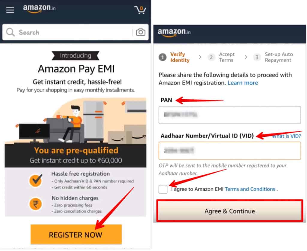 Enter PAN and Aadhar for Amazon Pay EMI Registration