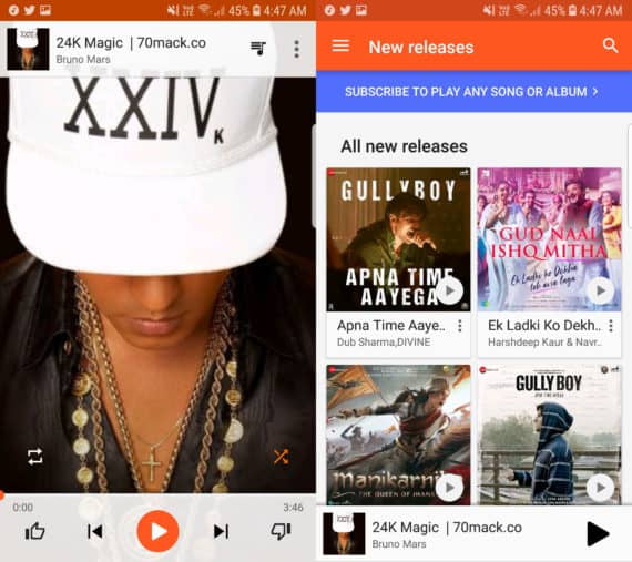 Google Play Music with track on the left and album on the right
