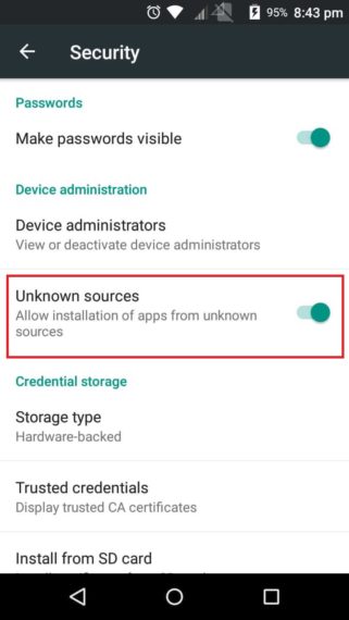 Enabling Unknown sources feature in Android Oreo and lower devices