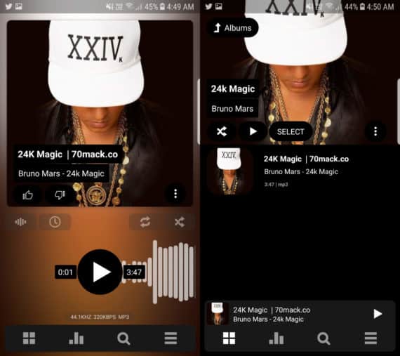 PowerAMP Music Player with track on the left and album on the right