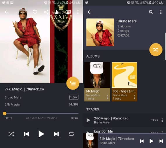 Pulsar Music Player app with track on the left and album on the right